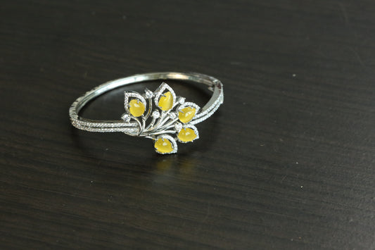 Silver Finish CZ Bangle Bracelet - Yellow (Openable)