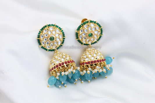 Uncut Polki Jhumka - Teal Drops