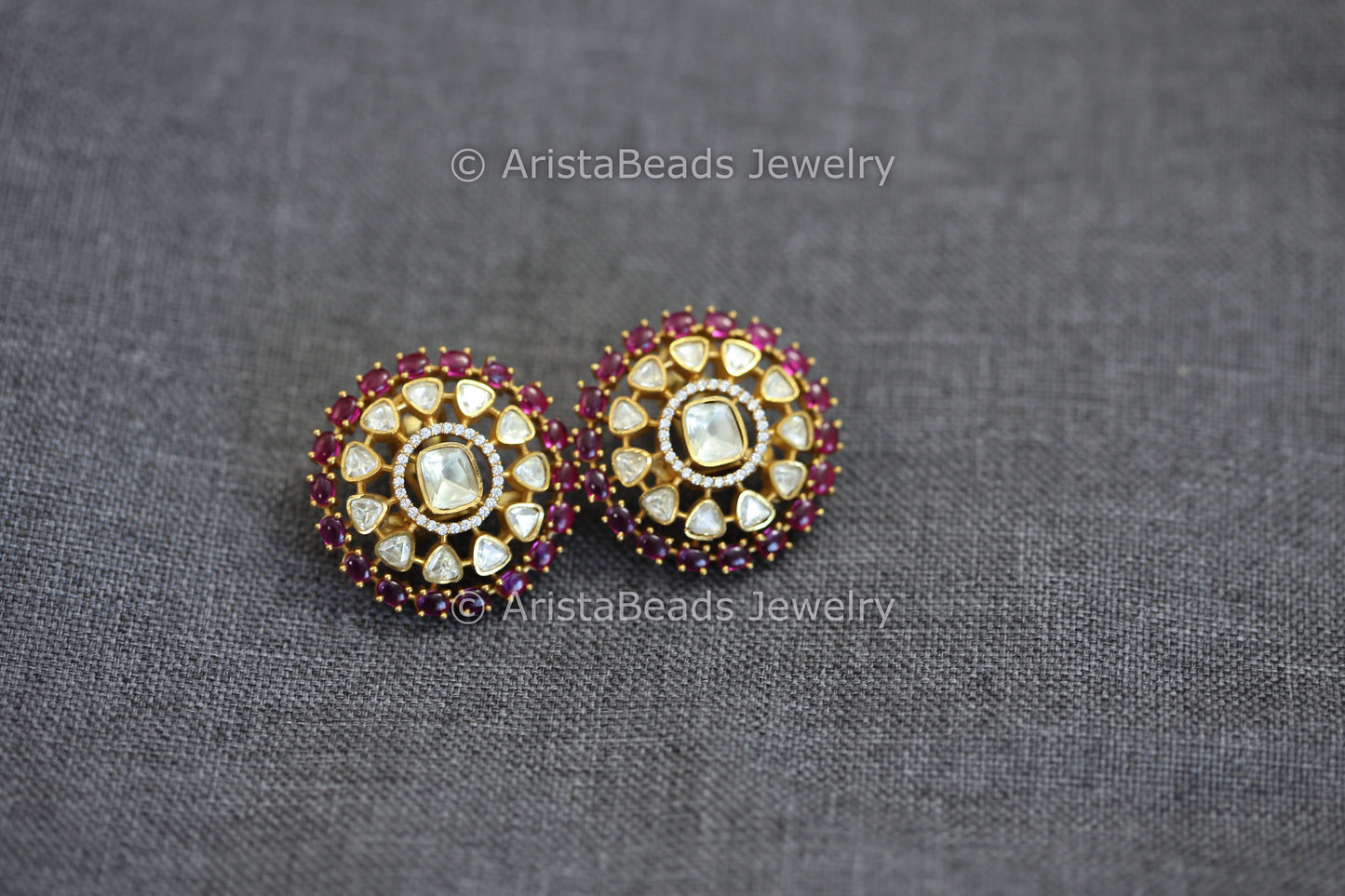 Real Moissanite & Pota Stones Studs - Red