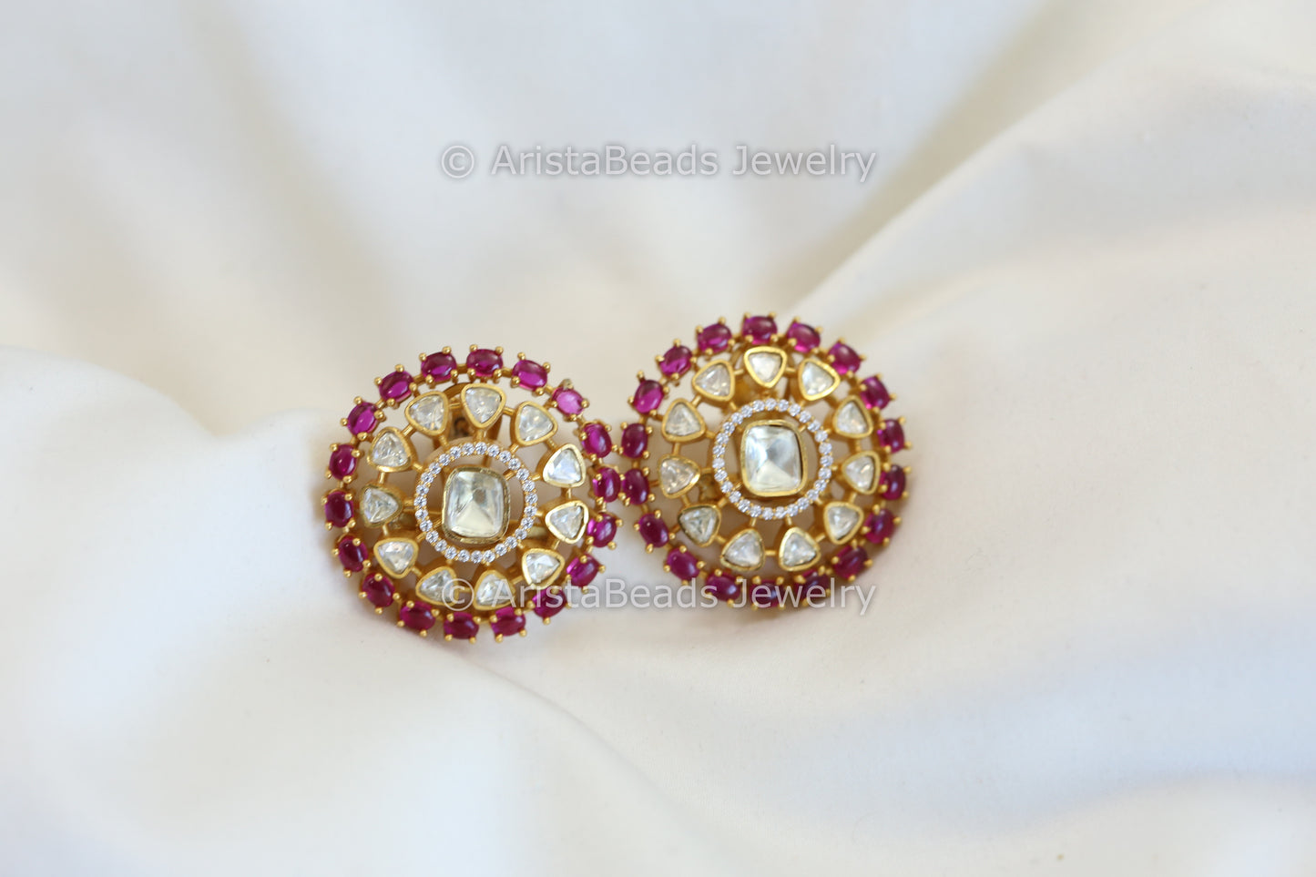 Real Moissanite & Pota Stones Studs - Red