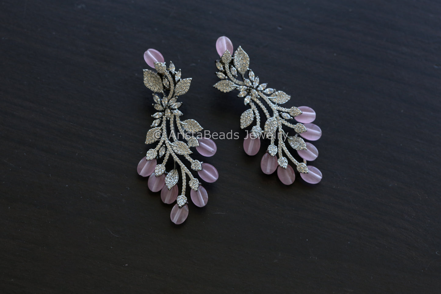 Contemporary CZ Silver Finish Earrings- Pink