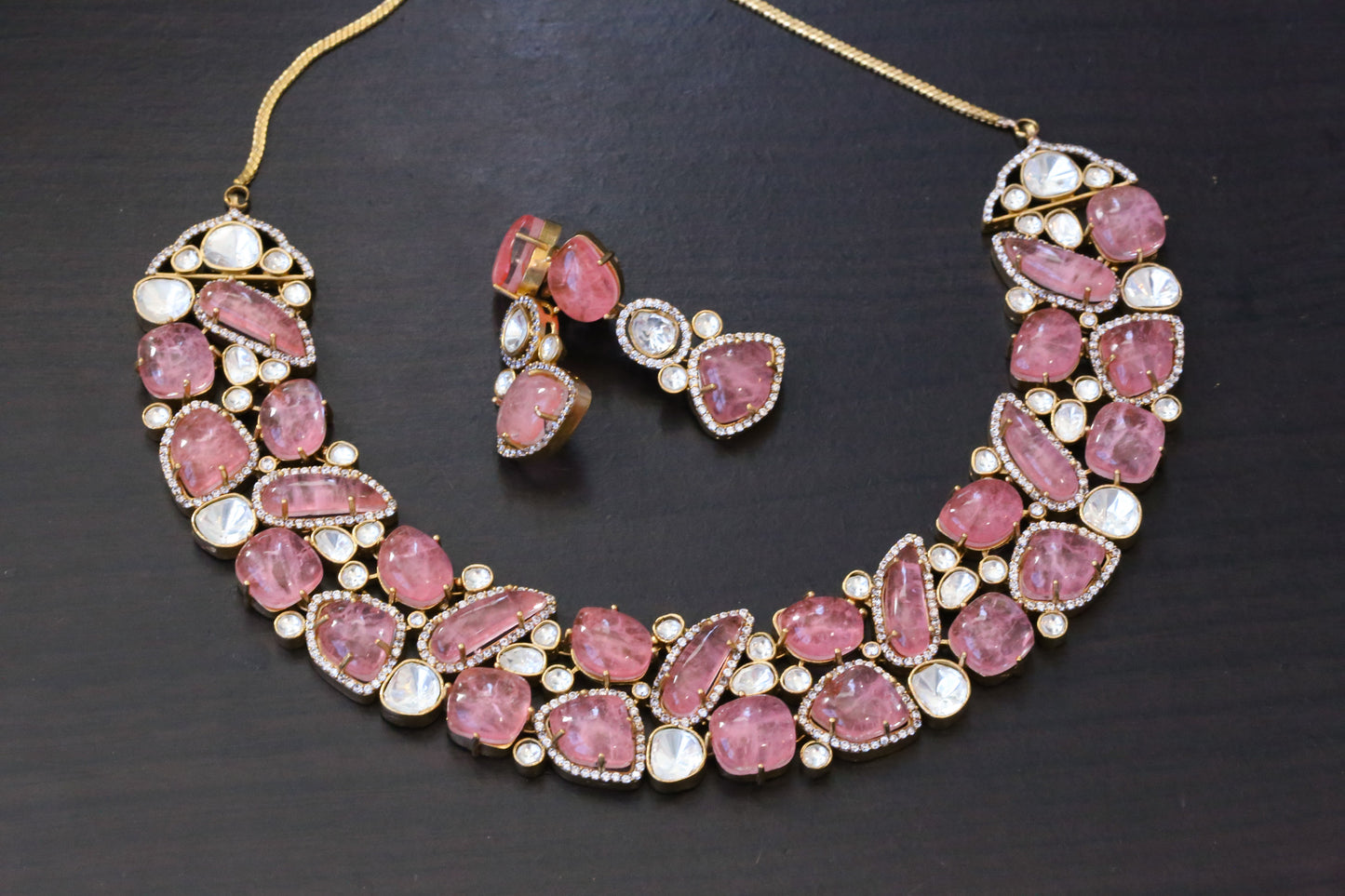 Pink Doublet & Moissanite Look Polki Necklace Set