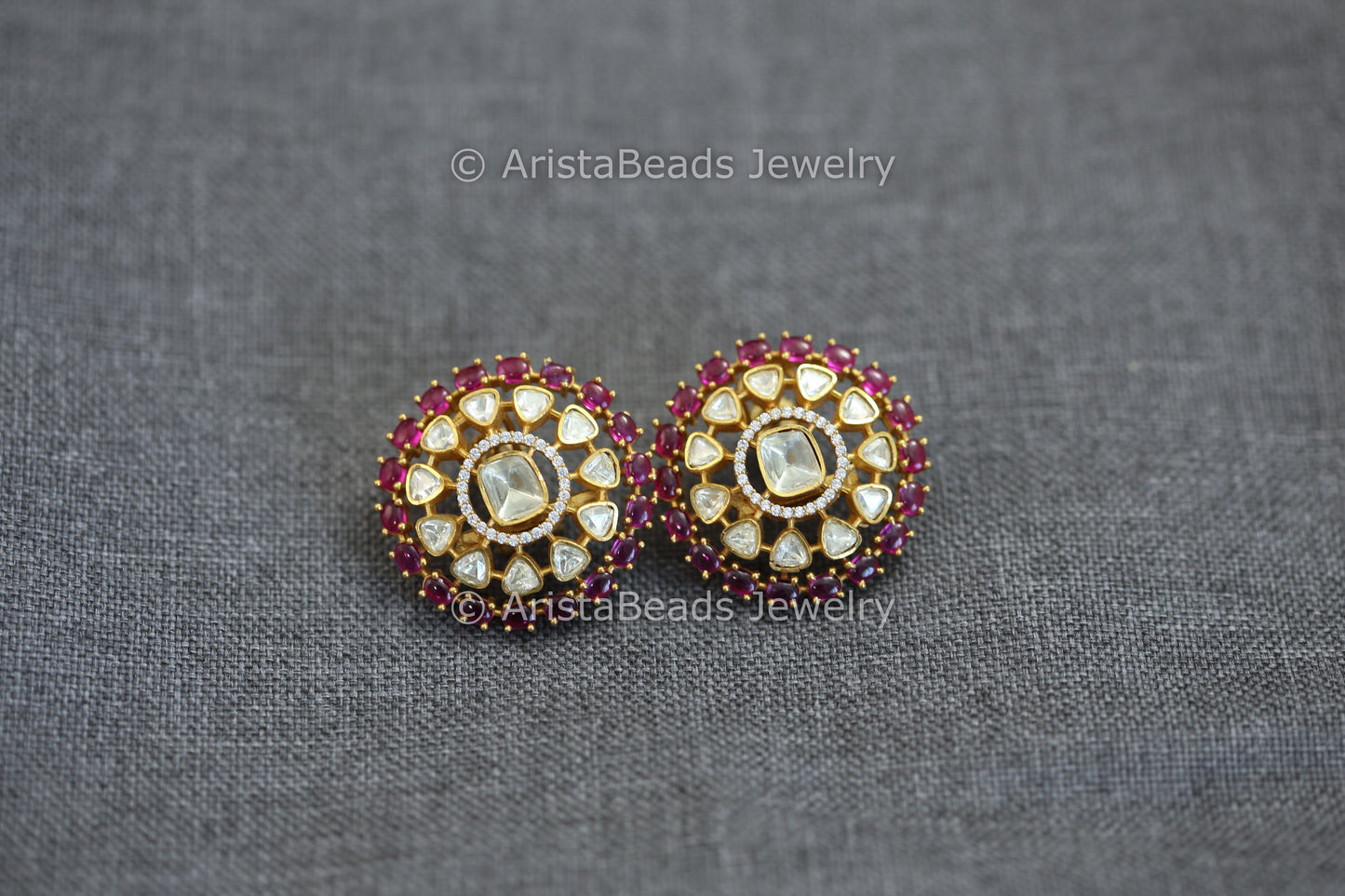 Real Moissanite & Pota Stones Studs - Red