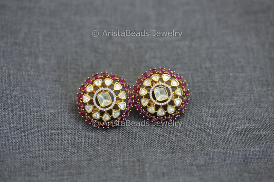 Real Moissanite & Pota Stones Studs - Red