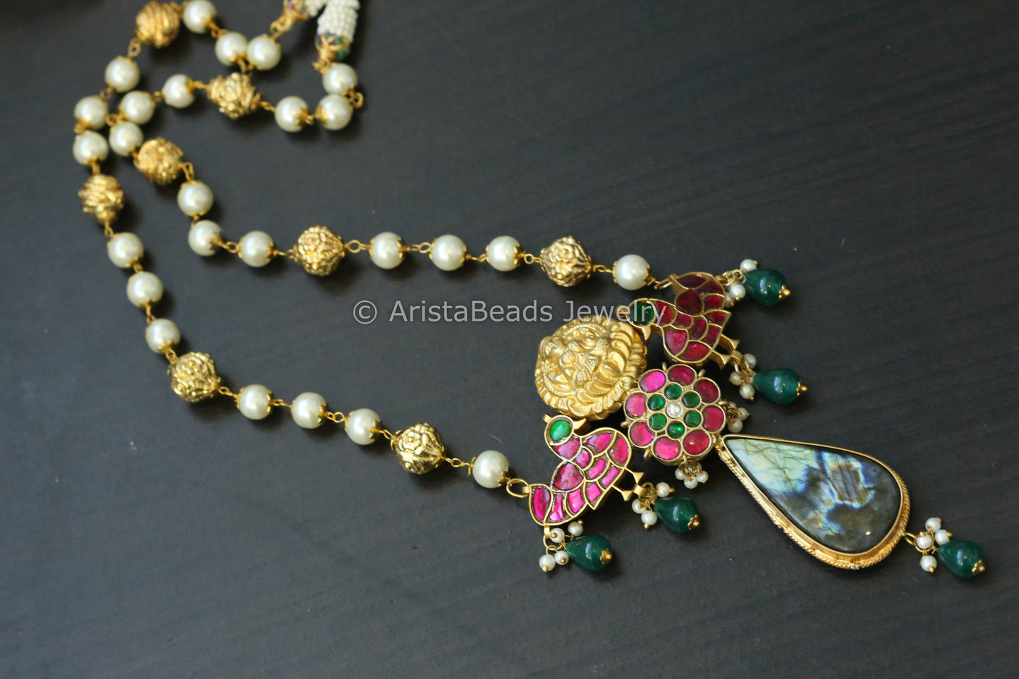 Labradorite Stone Cab & Kundan Fusion Necklace