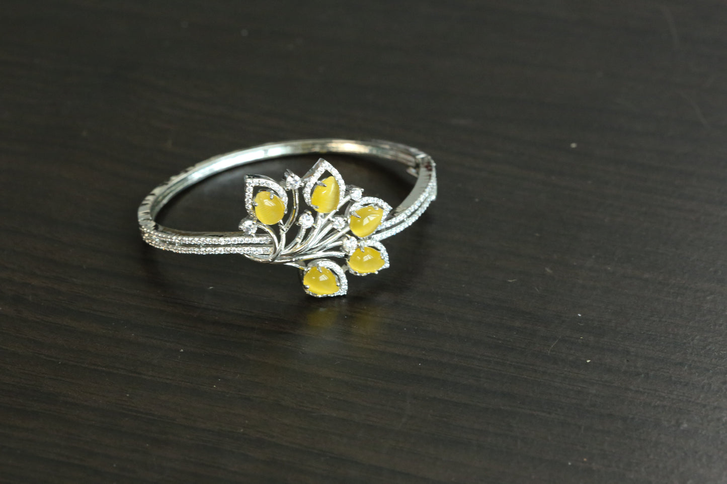 Silver Finish CZ Bangle Bracelet - Yellow (Openable)