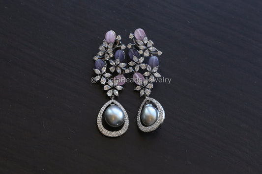 Contemporary CZ & Real Pearl Earrings- Pink