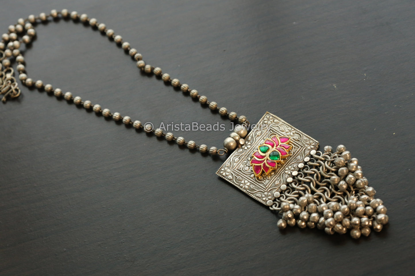 Kundan Fusion Ghungroo Pendant Chain Necklace - Ruby Green