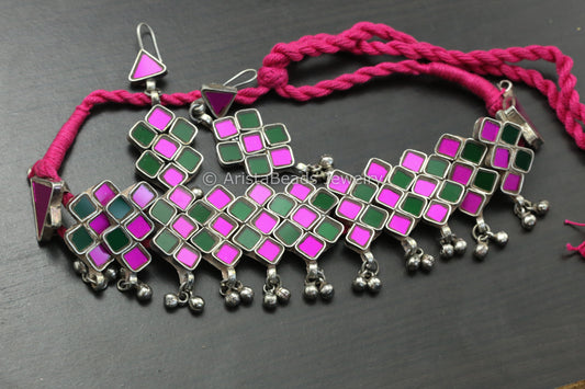 Real Glass Choker Set - Green Pink