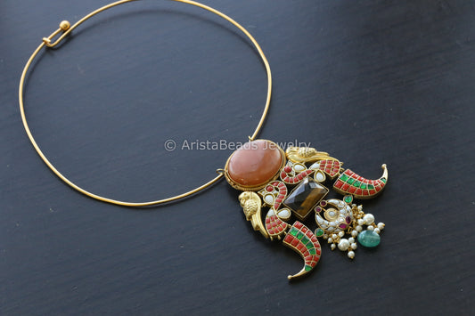 Kundan Jadau Fusion Hasli Necklace - Tiger Eye