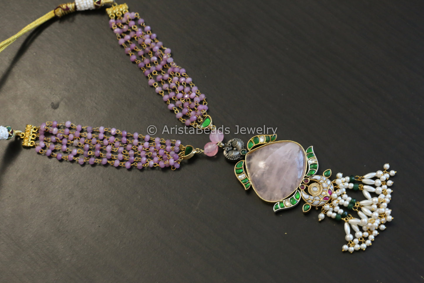 Dual Tone Jadau Kundan & Rose Quartz Beaded Necklace