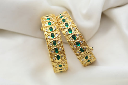 Polki Kunda Bangle Set - Green (Openable)