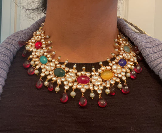 Jadau Kundan Navratan Necklace Set