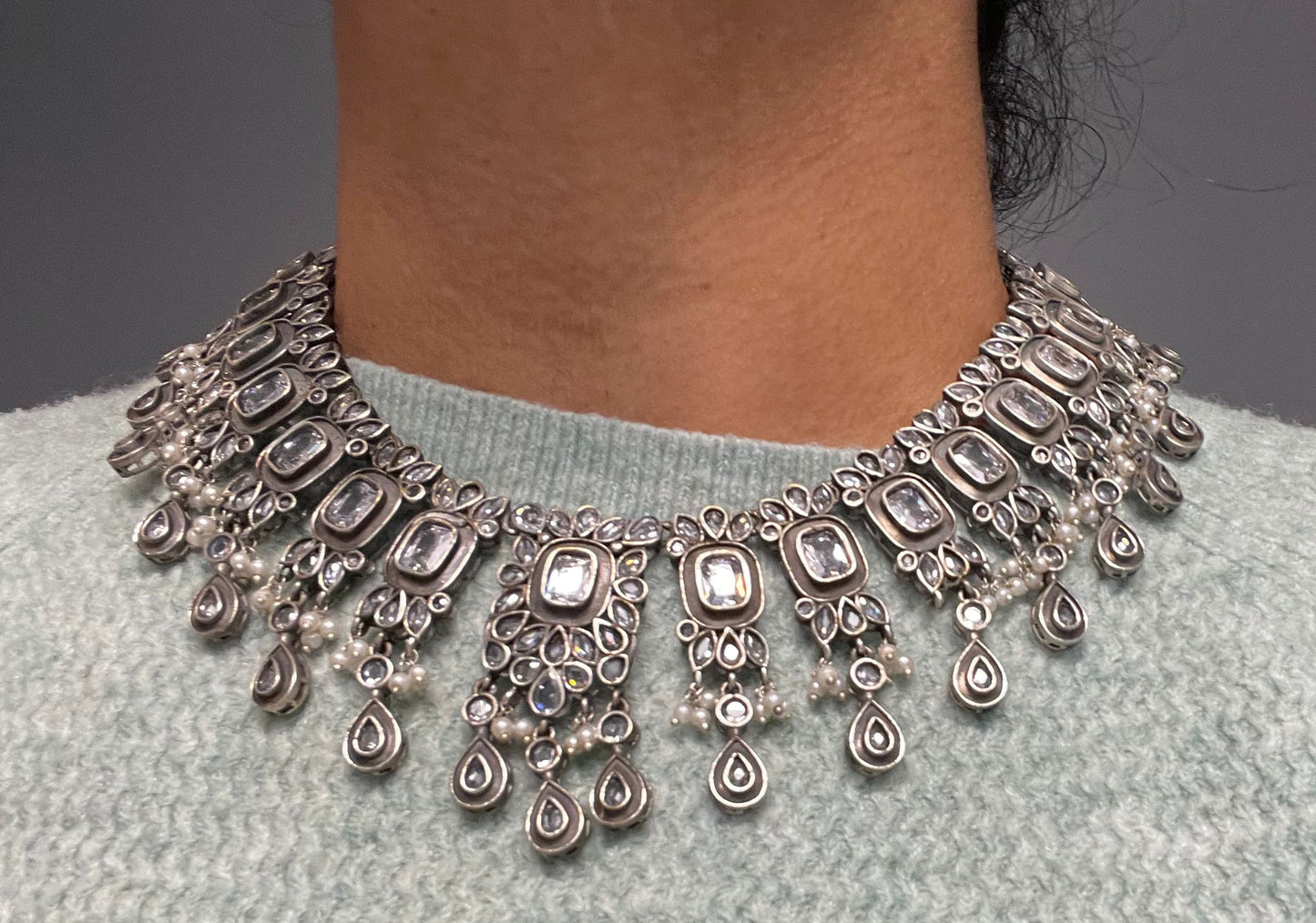 Silver Tone Oxidized Necklace Set - Clear
