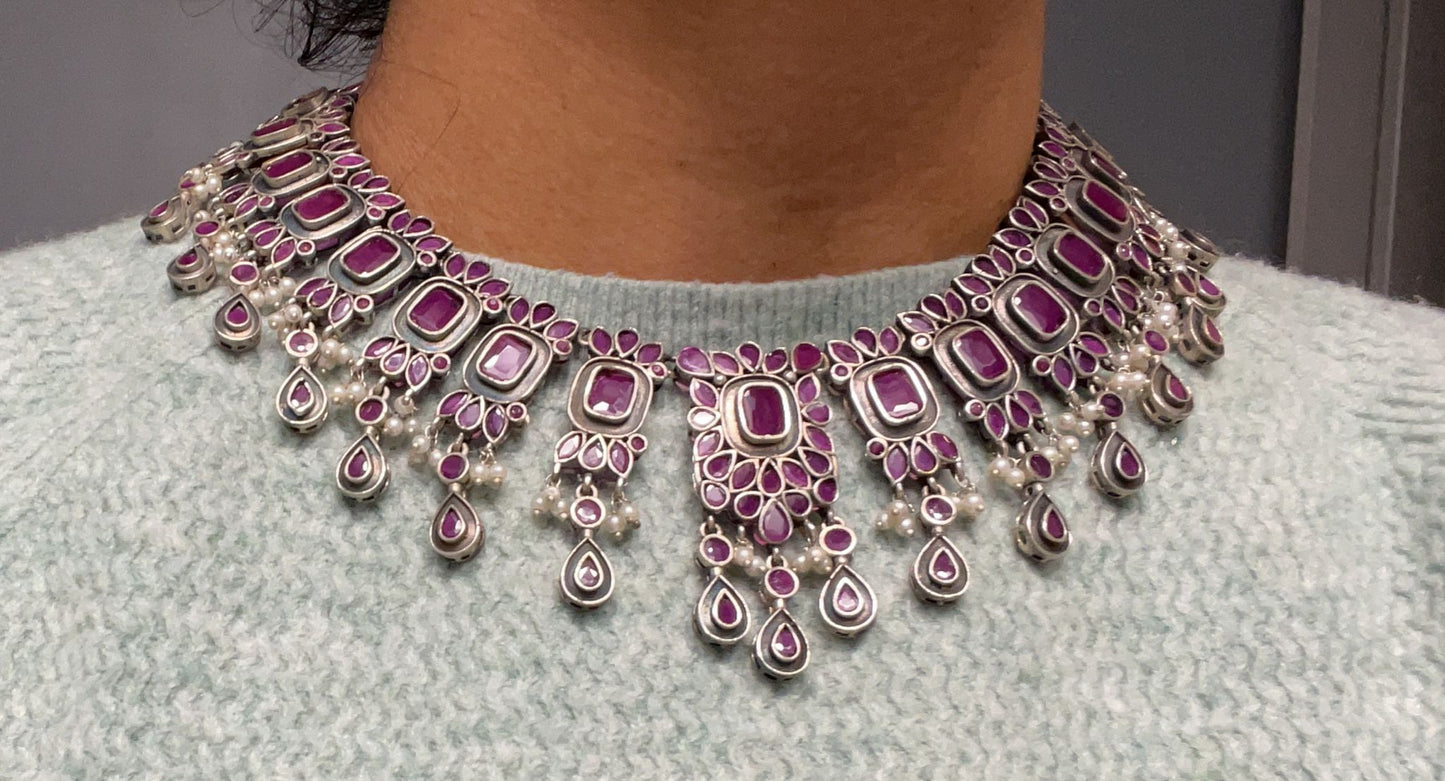 Silver Tone Oxidized Necklace Set -Ruby