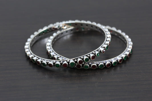Silver Oxidized CZ Bangles - Green Ruby