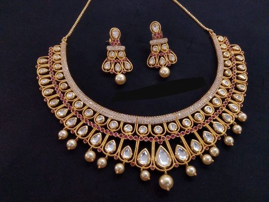 Delicate Uncut Foil Kundan Hasli Necklace Set - Ruby