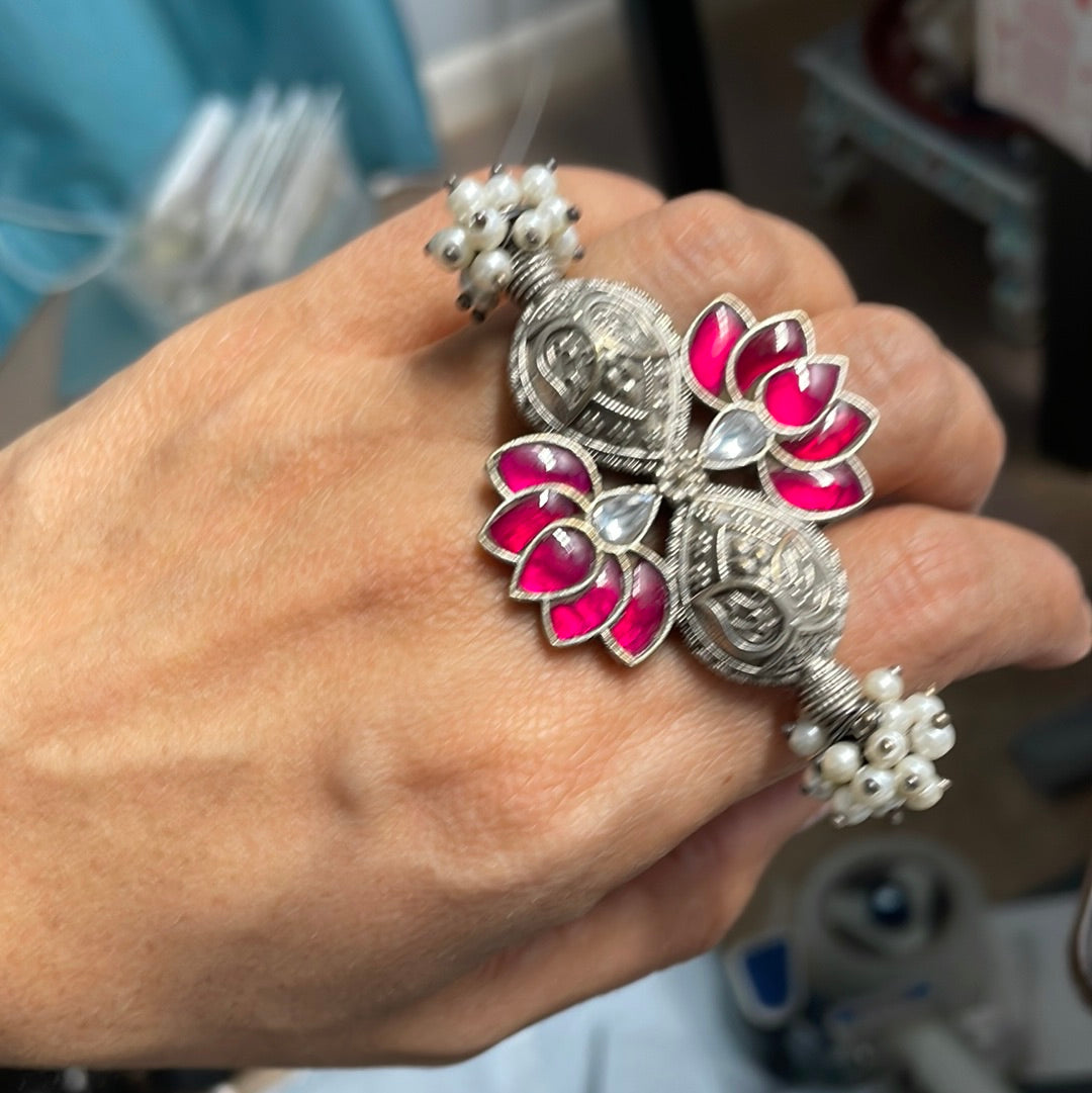 Large Silver Finish Jadau Rings (Adjustable) - Design 5