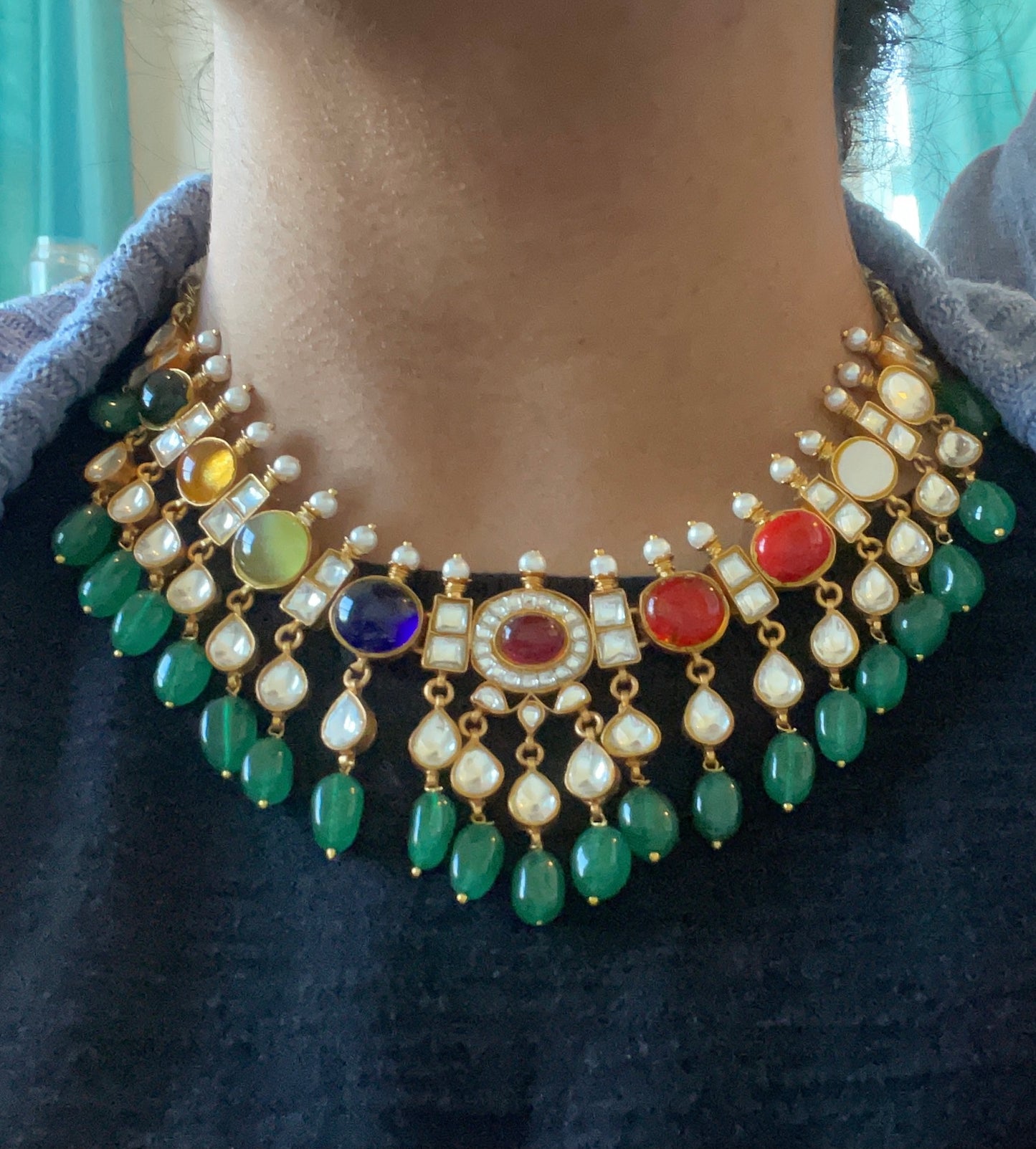 Jadau Kundan Navratan Necklace Set