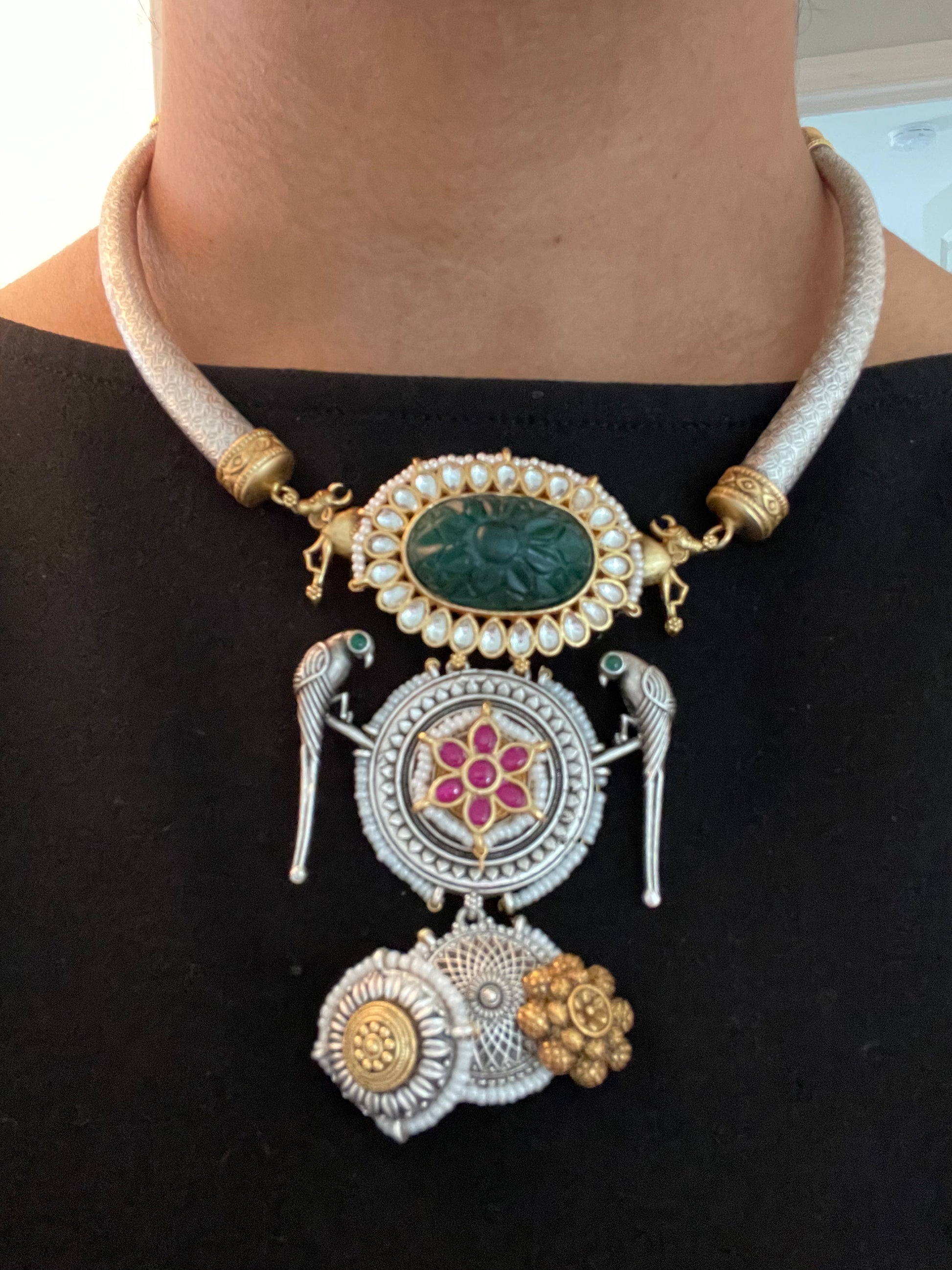 Real Silver Look Alike Kundan Hasli Necklace - Green Carved Stone