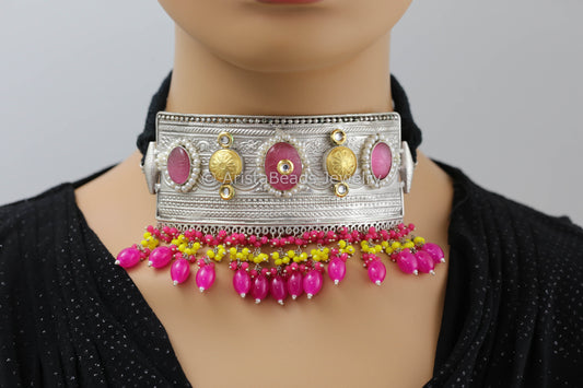 Silver Polish Choker - Hot Pink Drops