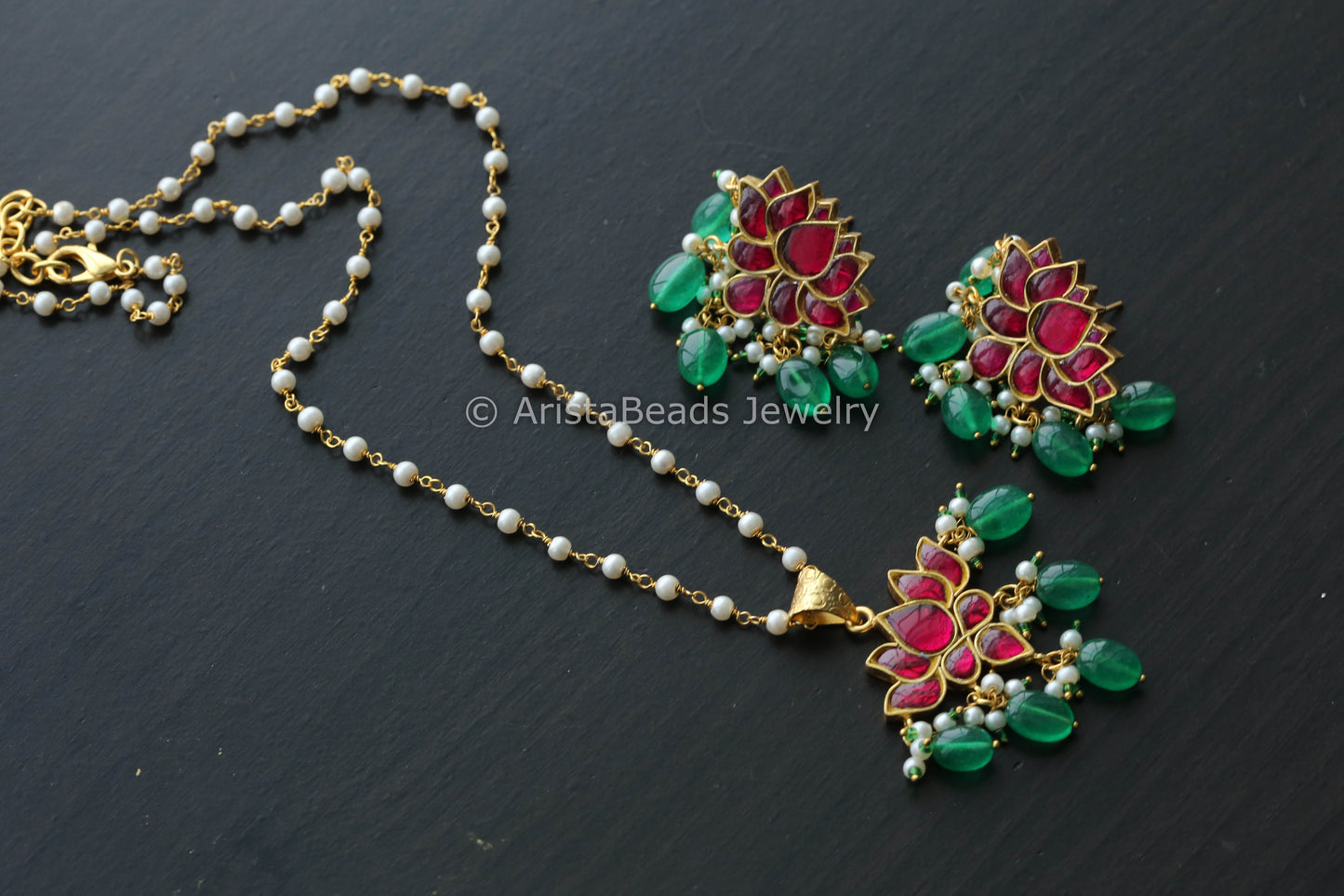 Silver Look Jadau Kundan Lotus Earrings - Ruby