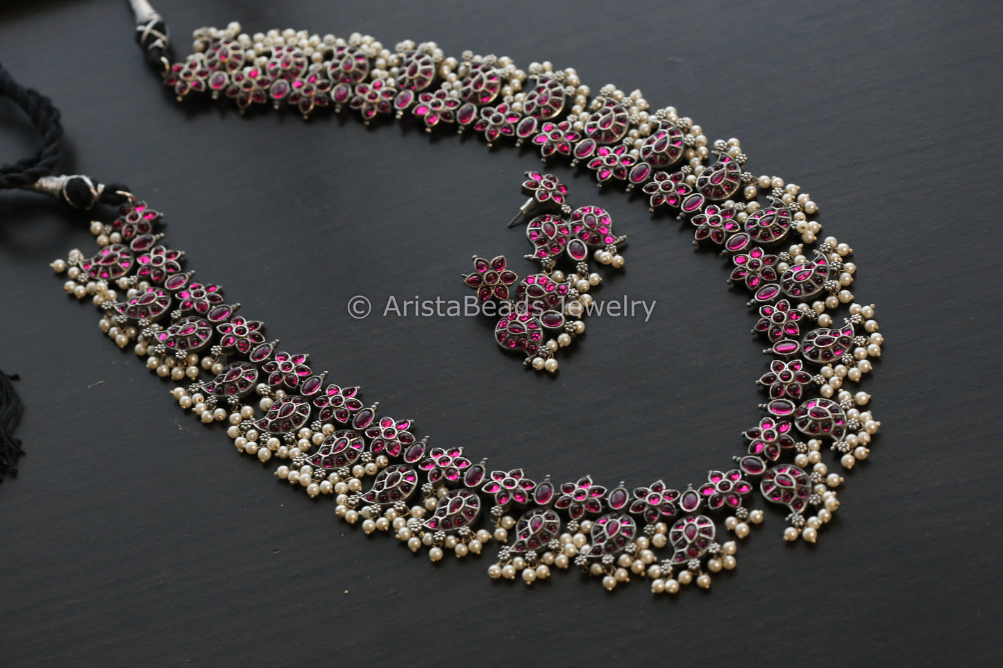 Long Kemp Oxidized Guttapusalu Necklace Set