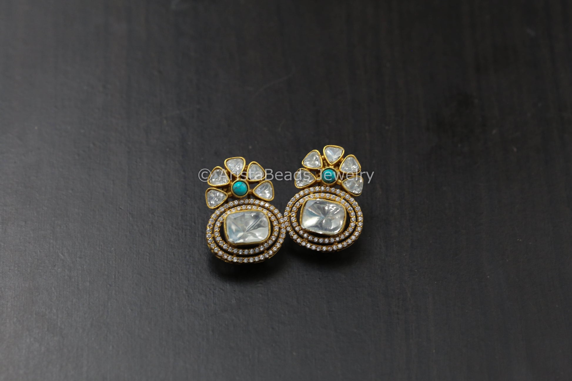 Premium Uncut Polki Flower Stud- Turquoise