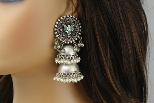 Silver Polish Turquoise Kundan Jhumka