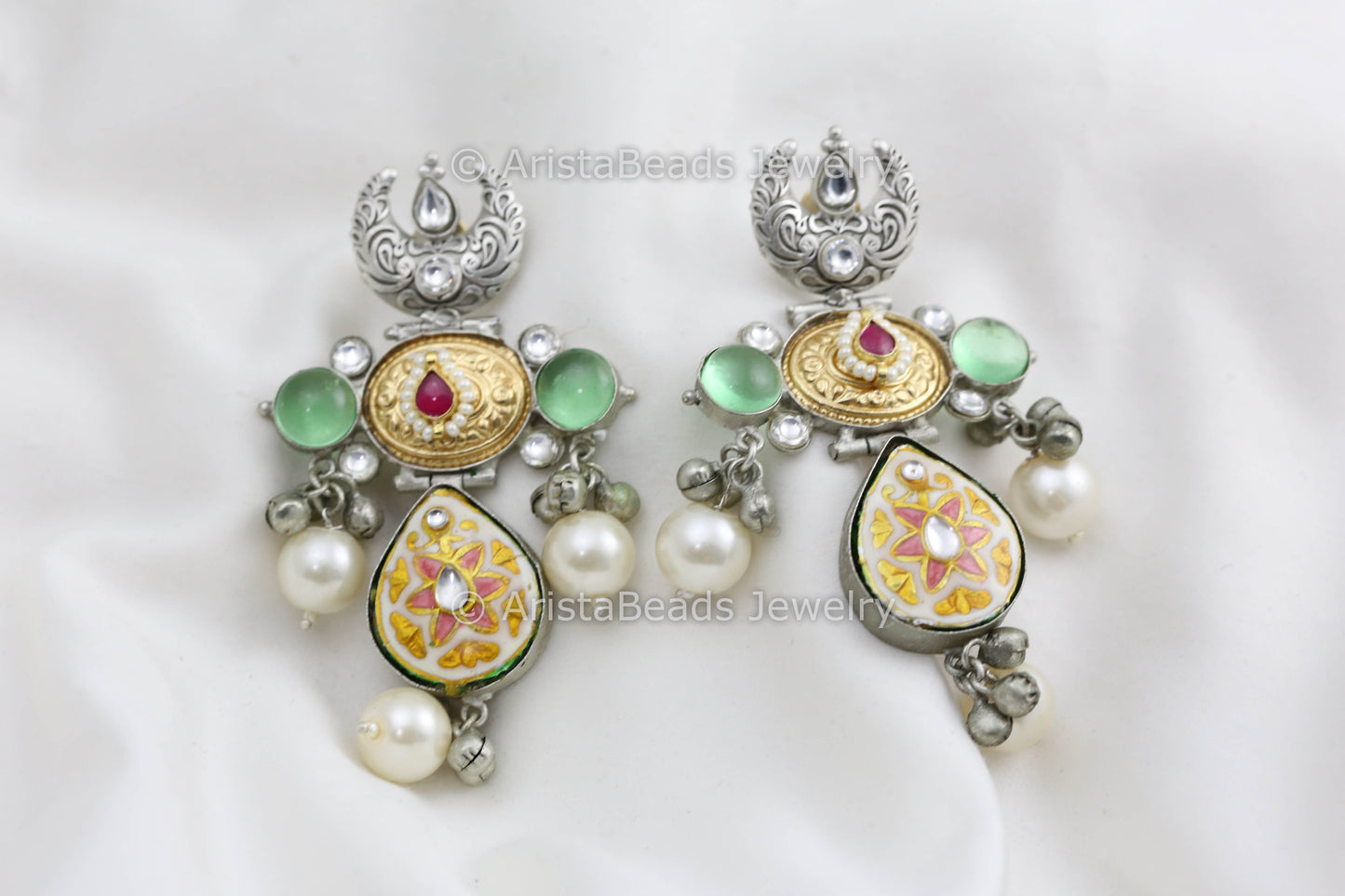 Silver Polish Enamel Kundan Earrings - Cream