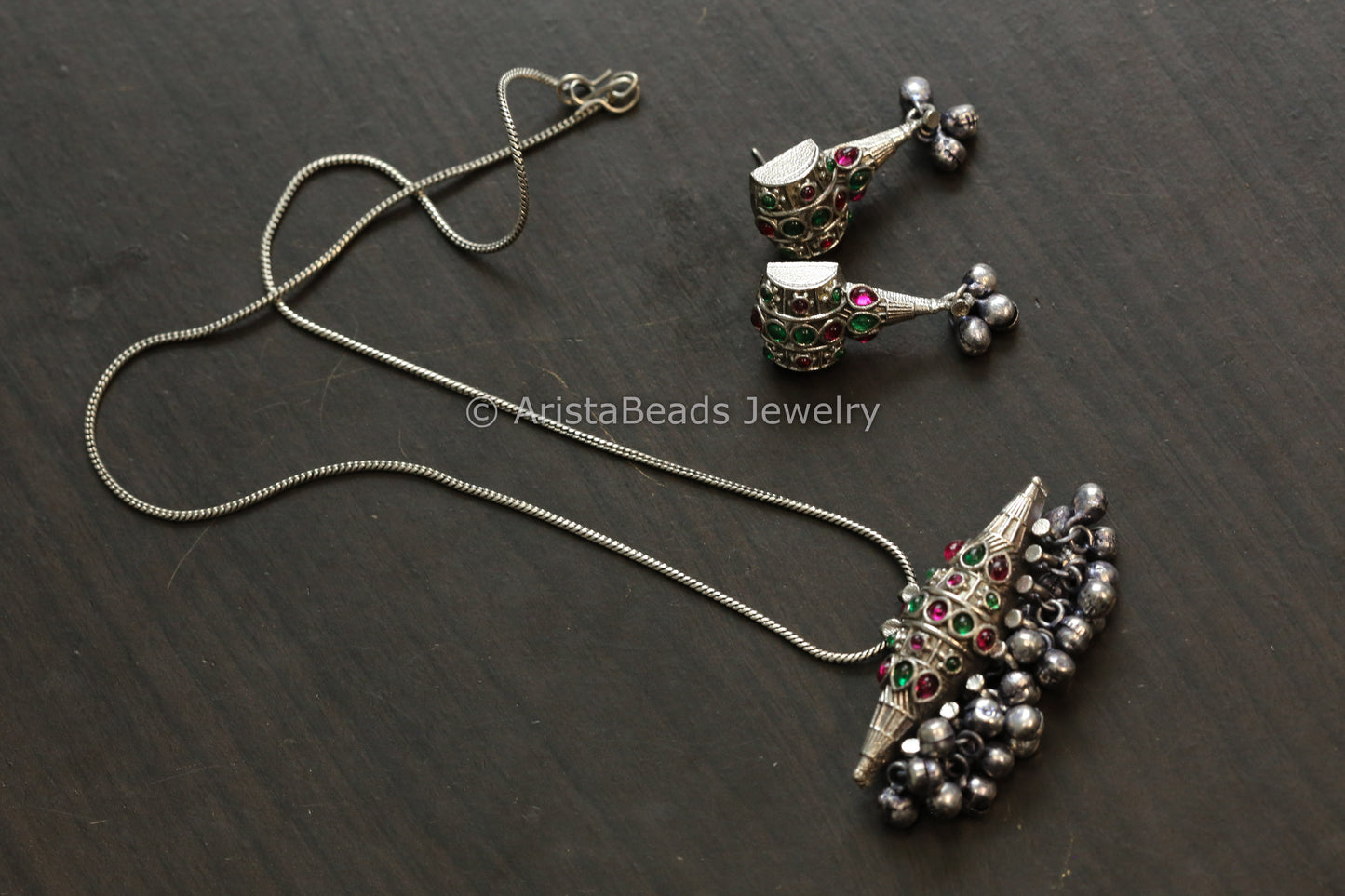 Oxidized Tabeez Necklace Set - Green Ruby