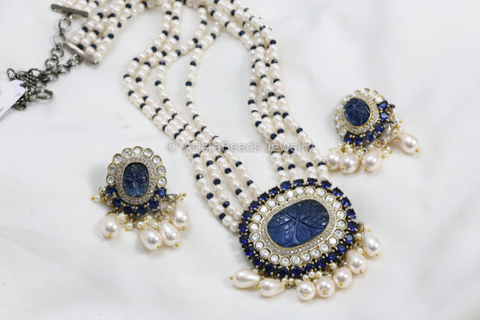 Carved Blue Stone, Micro CZ & Kundan Necklace In Peal Mala
