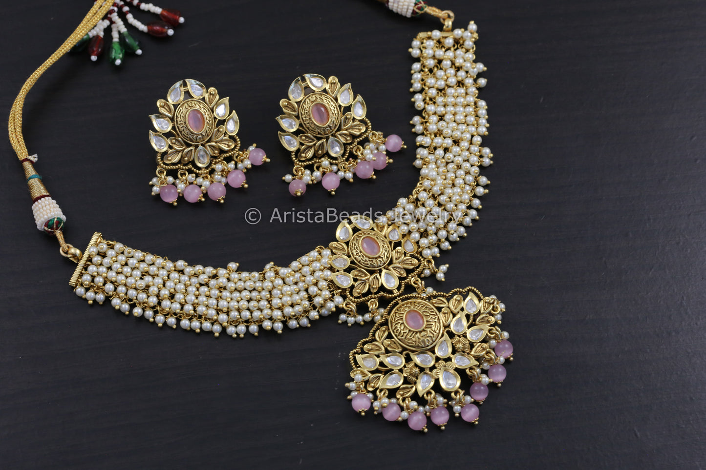 Kundan & Pearl Guttapusalu Necklace Set - Pink
