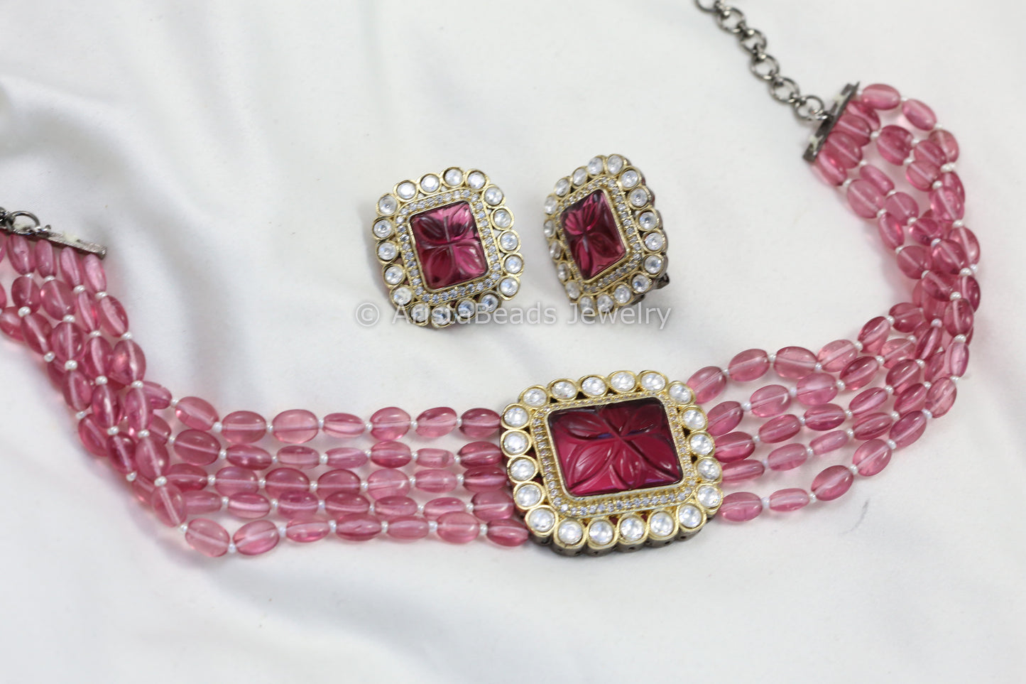 Carved Stone CZ & Kundan Polki Choker Set
