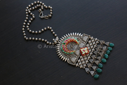 Real Silver Look Jadau Necklace - Green Drops