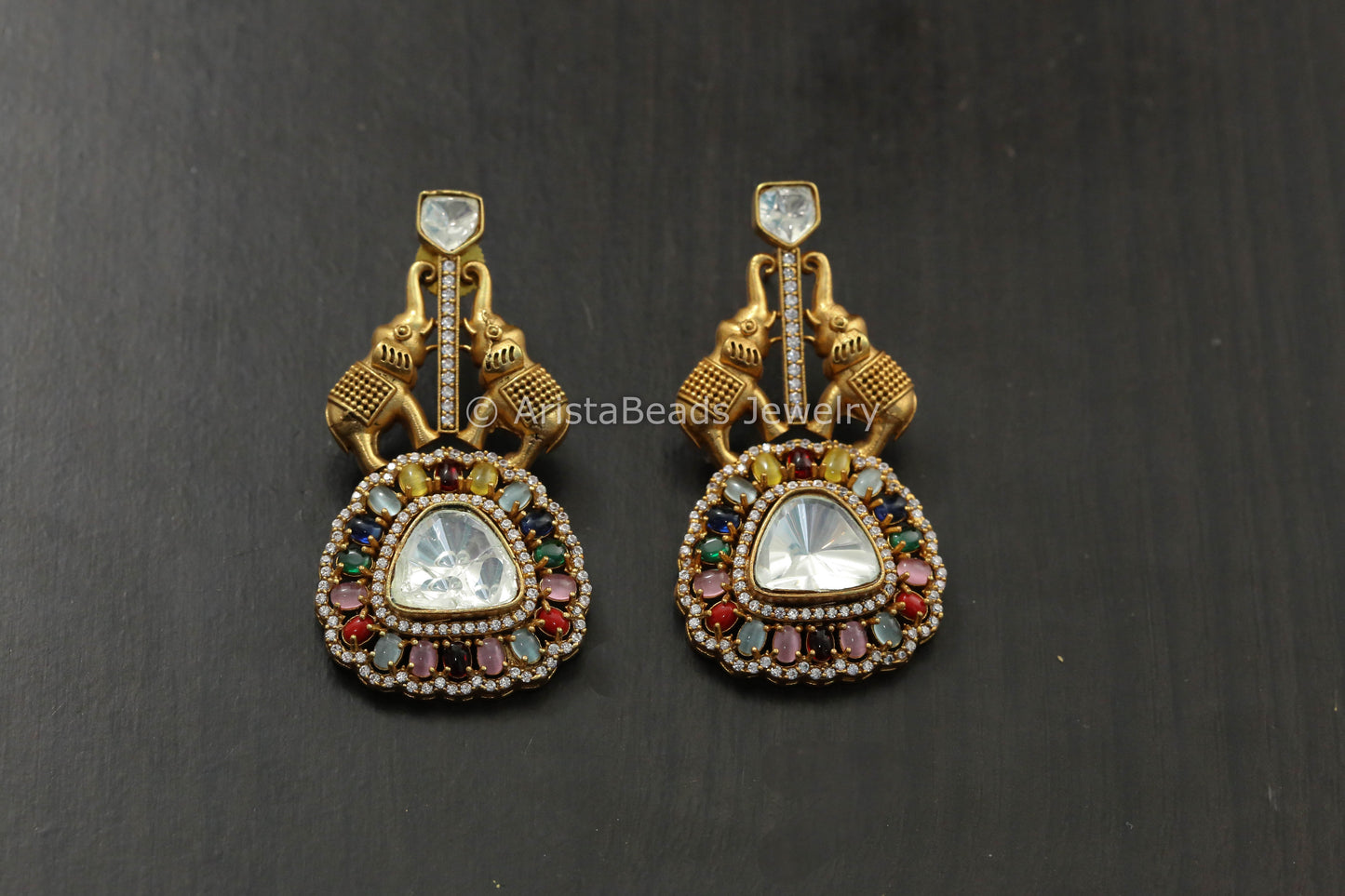 Uncut Polki Antique Earrings - Multicolor
