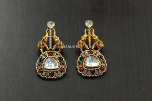 Uncut Polki Antique Earrings - Multicolor