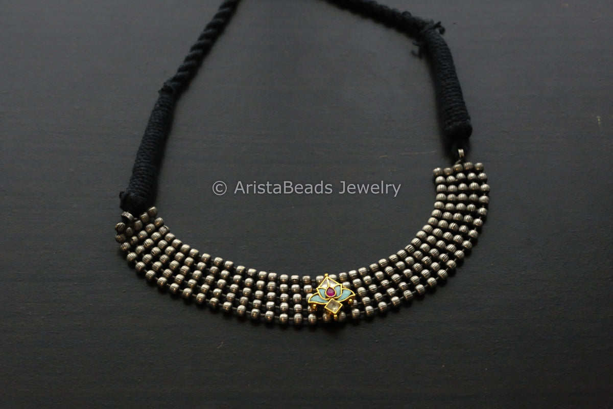 Oxidized Necklace Mint Kundan Motif