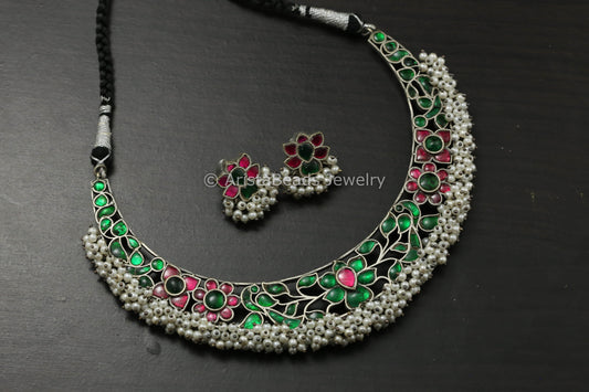 Silver Finish Jadau Hasli Necklace Set - Ruby Green
