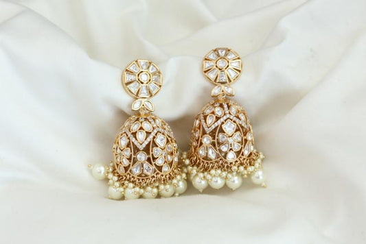 Clear Moissanite Look Polki Jhumka - Pearls