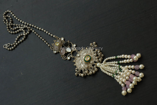 92.5 Silver Polish Kundan & Semiprecious Stones Necklace - Style 2