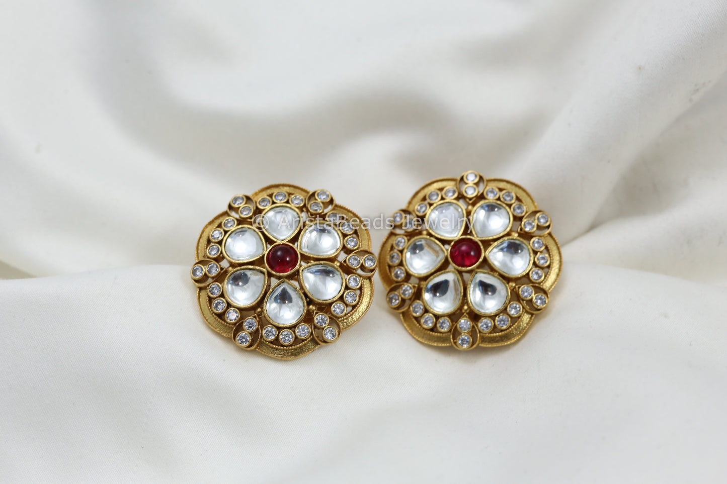 Large Uncut Kundan CZ Studs - Ruby