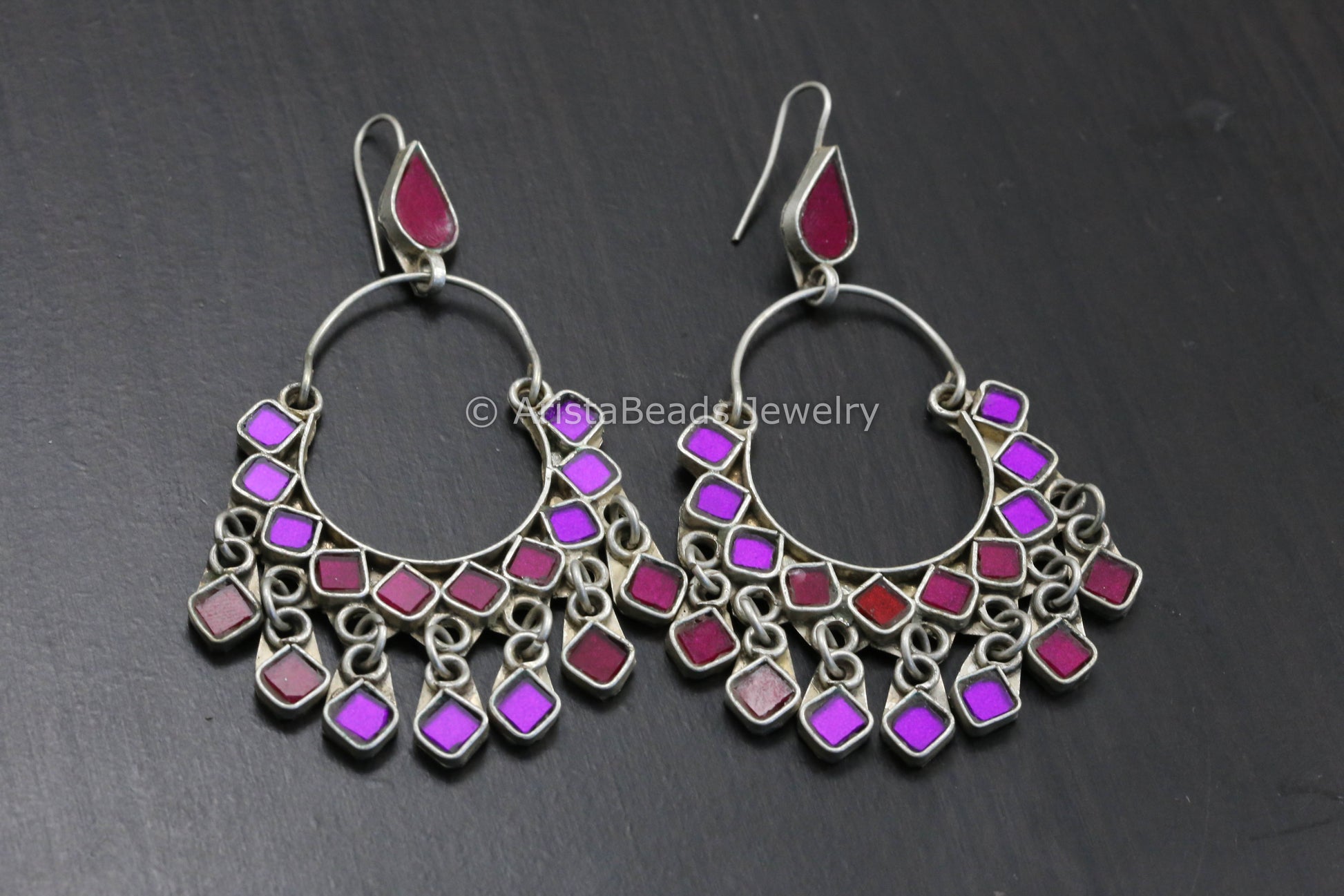 Real Glass Silver Look Alike Chandbaali - Purple Red