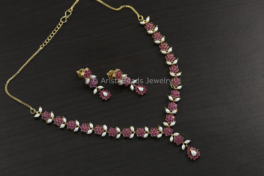 Dainty Ruby & Real Pearls Necklace Set