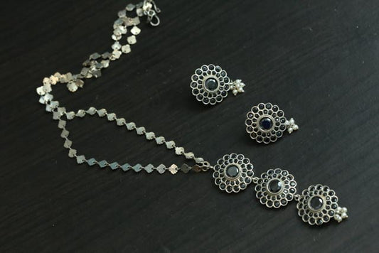 Silver Look Long Necklace Set - Black