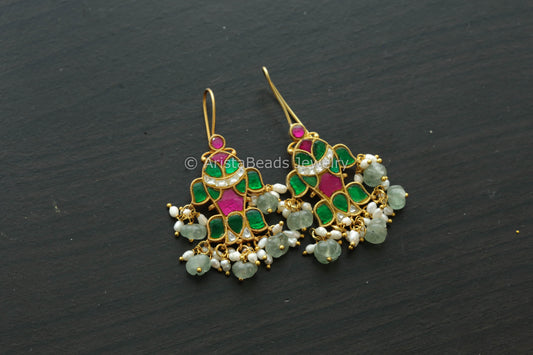 Fluorite & Real Pearls Kundan Fish Earrings - Green
