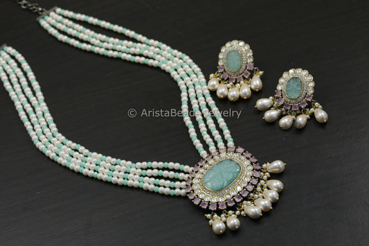 Carved Mint  Stone, Micro CZ & Kundan Necklace In Peal Mala