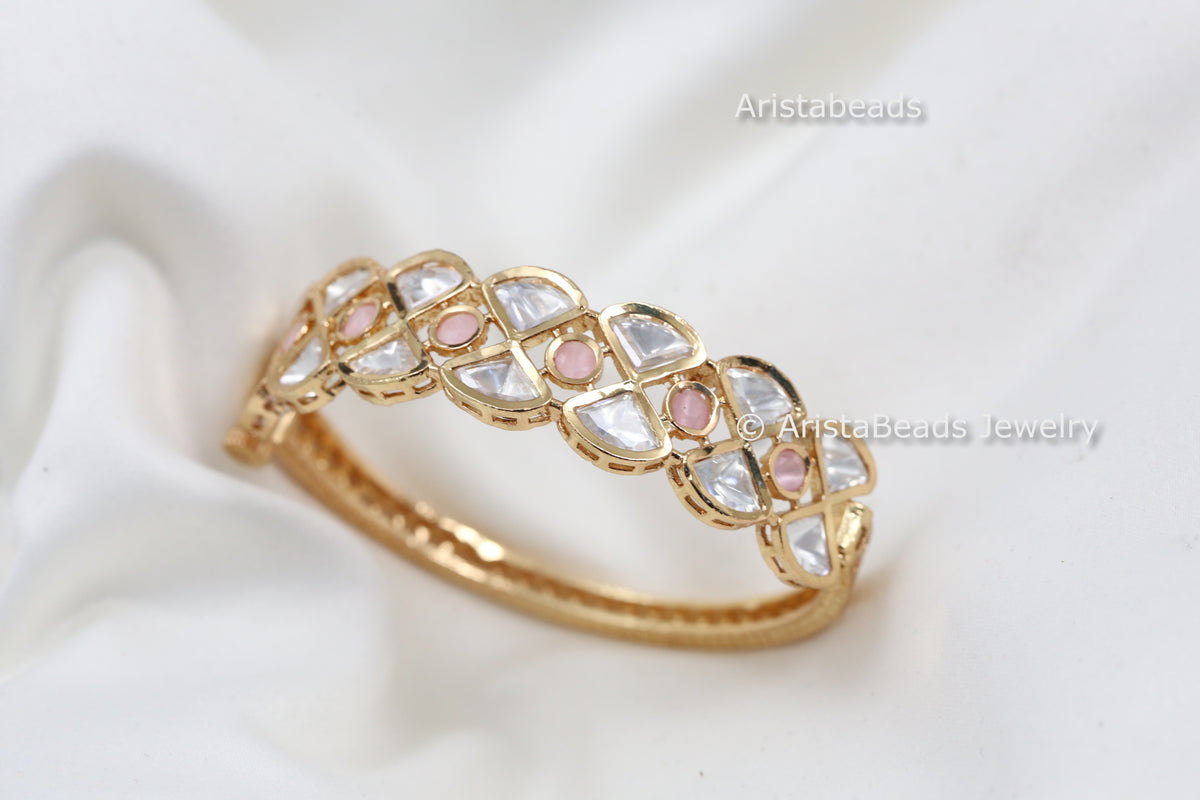 Premium Uncut Polki Bracelet (Openable) - Pink