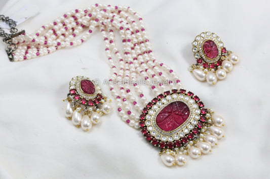 Carved Red Stone, Micro CZ & Kundan Necklace In Peal Mala