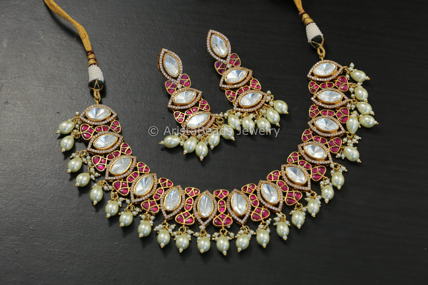Premium Jadau Ruby & Moissanite Polki Necklace Set